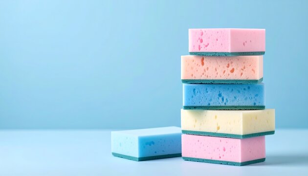 Stack of colorful cleaning sponges against a pastel blue background