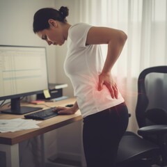 Office woman holding lower back in pain after working at computer desk