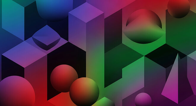 Fototapeta Futuristic Abstract Geometric 3D Shapes with Gradient Colors.  Colorful abstract background with 3D geometric shapes, gradient spheres, cubes, and pyramids in modern futuristic design style.