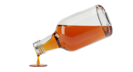 A glass bottle tipped over with a brown liquid spilling out onto a white surface.