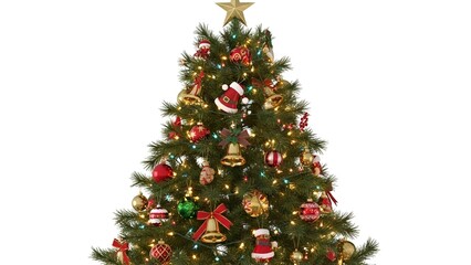 Decorated Christmas tree with colorful ornaments, lights, and a gold star on top, set against a white background.