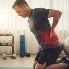 Man in sportswear holding lower back in pain during workout at gym.