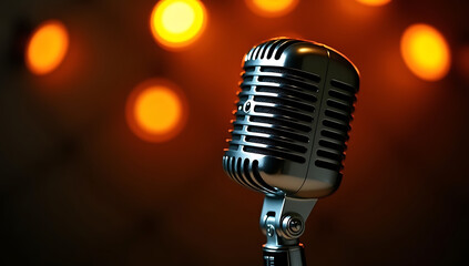 Vintage microphone standing on stage with blurred lights in the background creating a warm ambiance