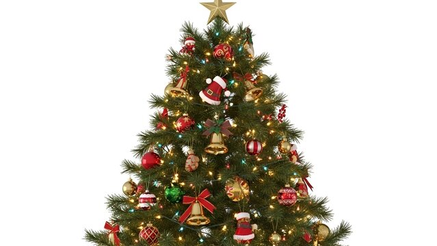 Decorated Christmas tree with colorful ornaments, lights, and a gold star on top, set against a white background. - Powered by Adobe