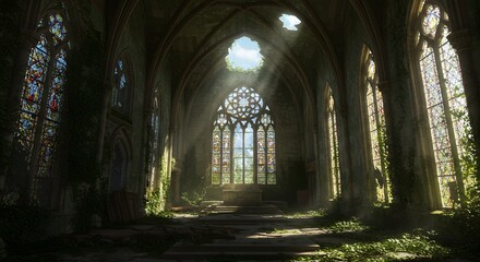 Abandoned gothic chapel with broken stained glass