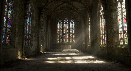 Obraz premium Abandoned gothic chapel with broken stained glass