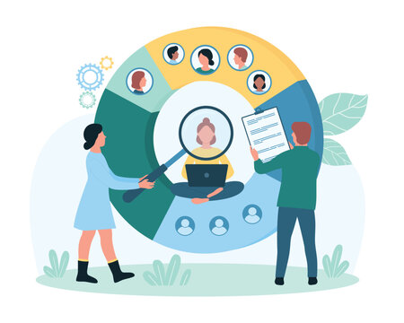 Audience segmentation vector illustration. Cartoon tiny people holding magnifier to research potential client and brands niche, divide category and groups of different people in infographic pie chart