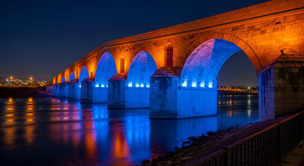 Stone Bridge Illuminated with Blue and Orange Lights at Night