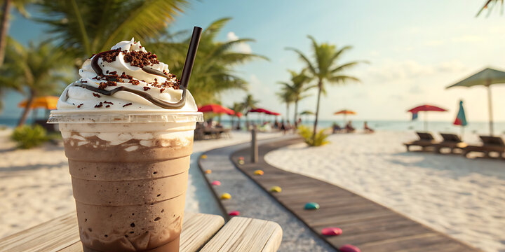 A refreshing iced coffee topped with whipped cream and chocolate sprinkles sits on a wooden table on a tropical beach with palm trees and lounge chairs in the background