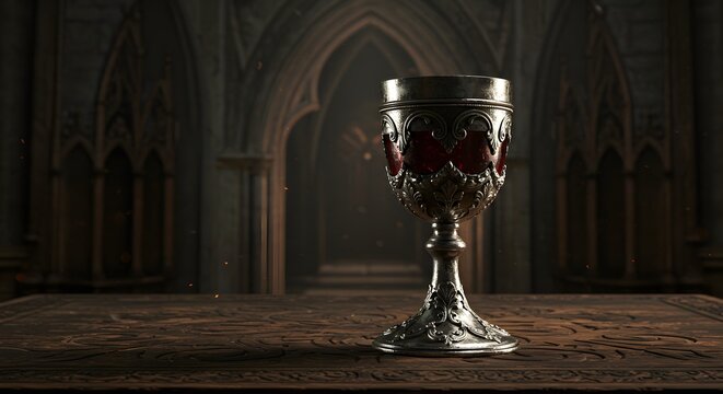 Silver goblet with red wine on gothic altar
