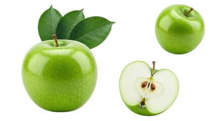 Isolated fresh green apple with leaves and half a sliced apple for healthy eating lifestyle