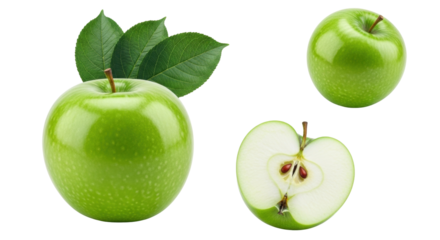 Isolated fresh green apple with leaves and half a sliced apple for healthy eating lifestyle