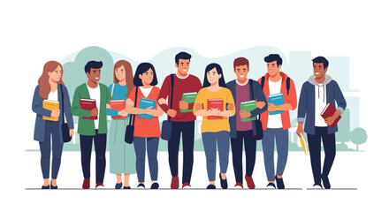 Obraz premium Group of diverse students standing together, holding books, and smiling, representing education and community.