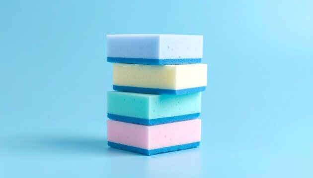 Stack of colorful sponges against a pastel background (1) - Powered by Adobe