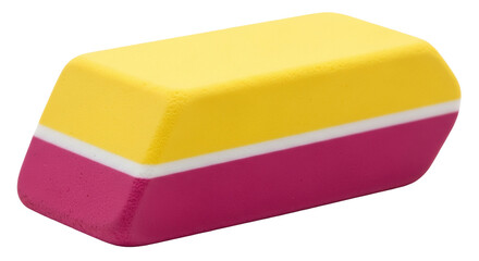 Isolated two-tone eraser tool, featuring yellow and pink layers separated by a white stripe