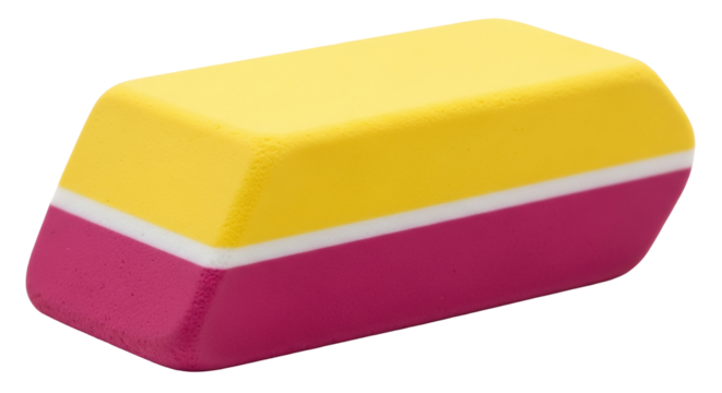 Isolated two-tone eraser tool, featuring yellow and pink layers separated by a white stripe
