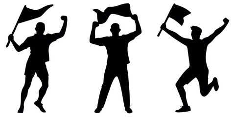 Vector Silhouette Set of Sports Fans Holding Flag Jumping and Clapping