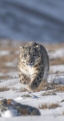 Obraz premium Snow leopard in motion across snowy terrain.