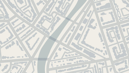 City street map with river and buildings. Abstract vector map of city with streets, river, blocks and buildings. Minimal urban planning background. Flat vector illustration