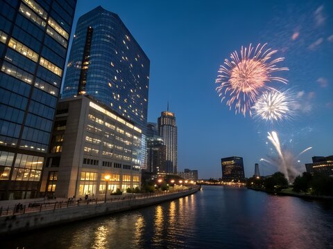 Fireworks over the river and city buildings at dusk