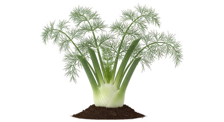Isolated healthy fennel plant in the soil ready to be planted, delicious organic food