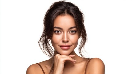 Obraz premium Beautiful woman smiling with healthy skin in a closeup portrait on a bright background