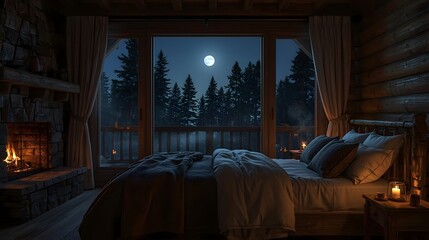 Cozy cabin bedroom view of a moonlit forest at night with a fireplace