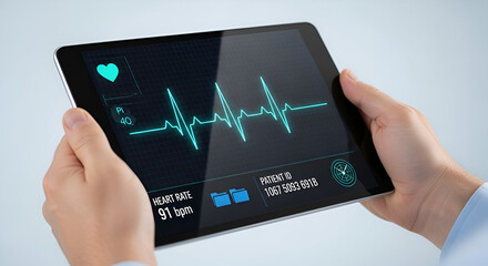 Doctor holding tablet displaying heart rate and patient data