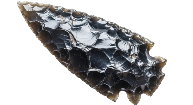 Isolated Stone Age arrow head point obsidian artifact prehistoric tool archaeology