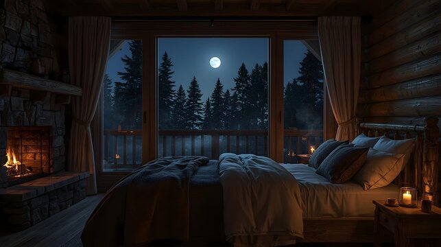 Cozy cabin bedroom view of a moonlit forest at night with a fireplace - Powered by Adobe