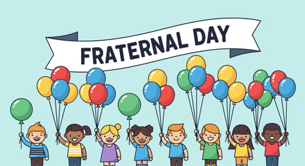 A diverse group of happy children holding balloons under a banner that says "FRATERNAL DAY".