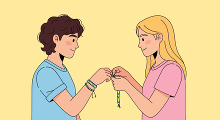 Fototapeta premium Two smiling friends, a boy and a girl, tying a colorful friendship bracelet on the boy's wrist, symbolizing their bond.