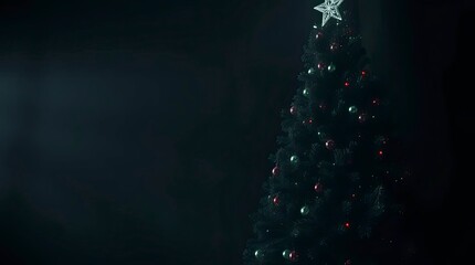Eerie creepy atmosphere with high-contrast, low-key lighting on a beautiful Christmas tree, deep shadows, dramatic effect, dark tones, and unsettling details