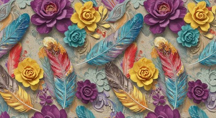 Embossed feathers and roses pattern — colorful ornamental floral background