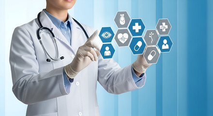 Doctor Interacting with Medical Icons on a Digital Interface