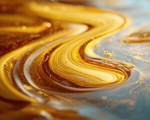 Golden Swirls - Abstract Fluid Art with Honeyed Tones and Subtle Blue Accents.