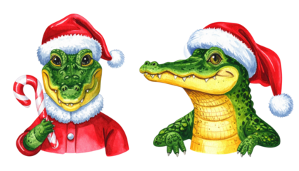  Festive alligator wearing Santa costume dual variation set isolated on transparent background