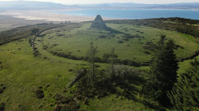 Aerial drone footage of the Pyramid of the Italians in Burgos, Spain. This stone memorial was built to honor the Italian soldiers who fought and died during the Spanish Civil War. Surrounded by