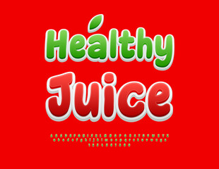 Vector Bright sticker Healthy Juice. Artistic Green Font. Funny  Alphabet Letters and Numbers set.