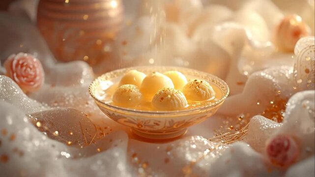 Indian Rasgulla Sweet Dessert Being Poured Into a Bowl in Golden Light