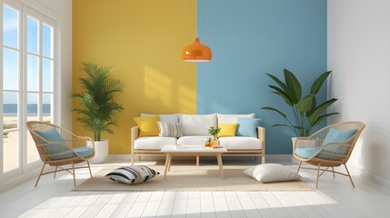 Colorful Coastal Living Room with Bright Accents and Modern Decor