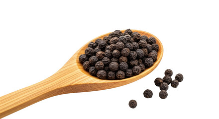Isolated black peppercorns in a wooden spoon spice ingredient culinary seasoning flavor aroma