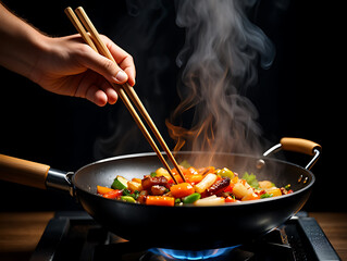 Stir frying vegetables with chopsticks in a wok on a gas stove with smoke rising up