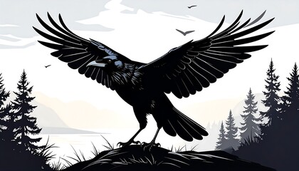 Obraz premium Raven in flight, scenic landscape