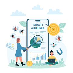 Target audience research vector illustration. Cartoon tiny people with magnifying glass consulting about customers outreach and focus group, digital targeting service in smartphone mobile app