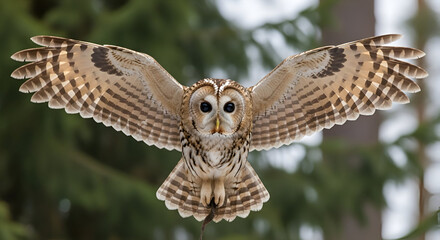 Tawny Owl in Mid- Flight with Wings Spread Wide bird