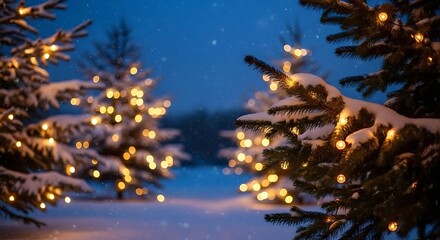 Snowy christmas trees illuminated with warm lights at night outdoors
