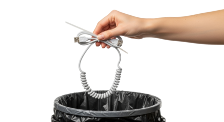 Isolated hand holding cable with USB connectors about to be discarded in a trash can