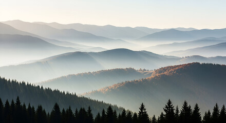 Misty Mountain Range with Sun Rays and Pine Forests