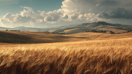 Golden Wheat Field Under Dramatic Tuscan Sky with Rolling Hills.